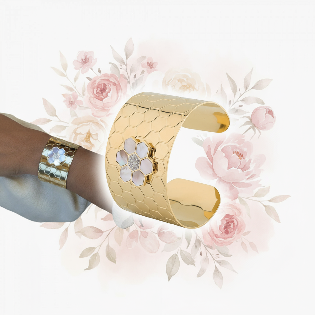 Banner Pulseira Rígida Aço Inoxidável Motivo Floral Elegante