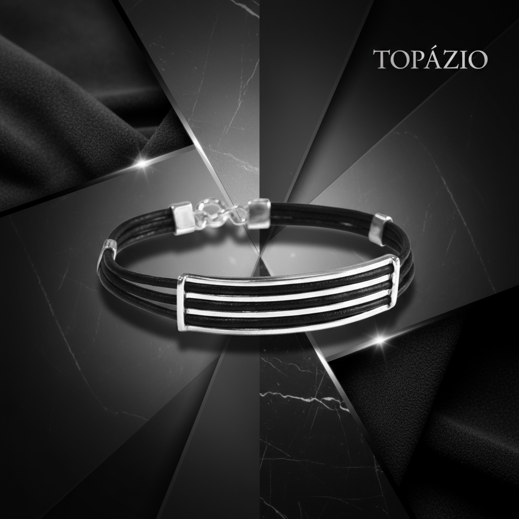 Banner Topázio 1874 Pulseira Masculina Prata com Couro