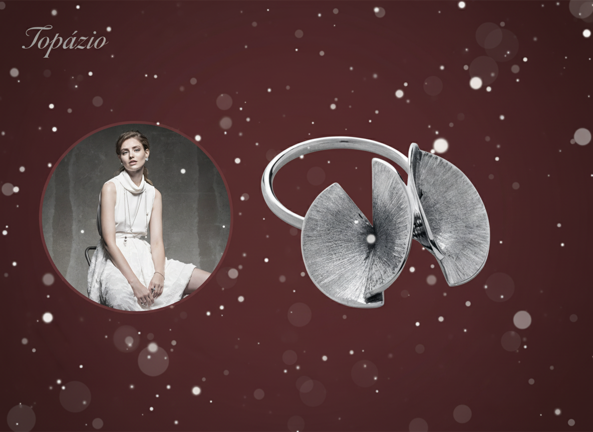 Banner Topázio - Anel Pétala Dupla Prateado Acetinado