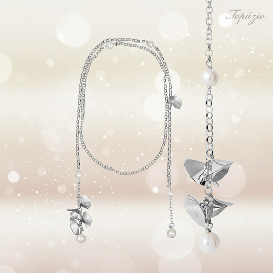 Banner Topázio - Colar Feminino Prata com Pérolas e Folhas