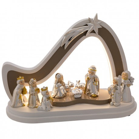 Cabana Presépio Bicolor com LED e 10 Figuras Provençais | Prata Bilaminada 925 | Natal Luxo