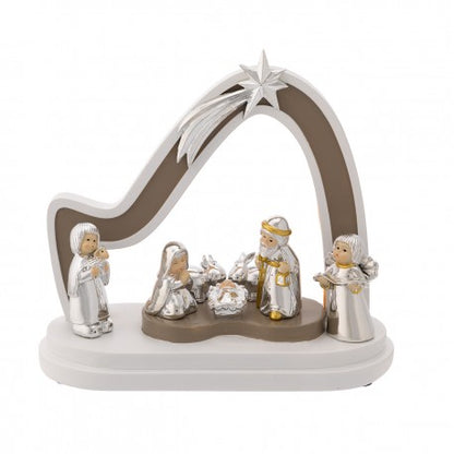 Cabana Presépio Bicolor com LED e 7 Figuras Provençais | Prata Bilaminada 925 | Natal Luxo