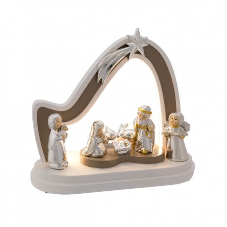 Cabana Presépio Bicolor com LED e 7 Figuras Provençais | Prata Bilaminada 925 | Natal Luxo