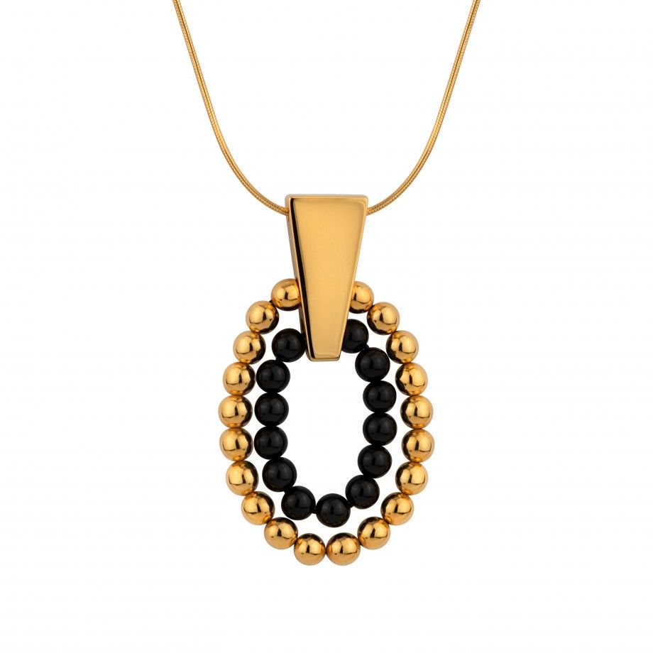 colar pinpoint dourado Carmo Joalheiros pendente oval de pequenas bolas douradas e contas pretas em corrente fina