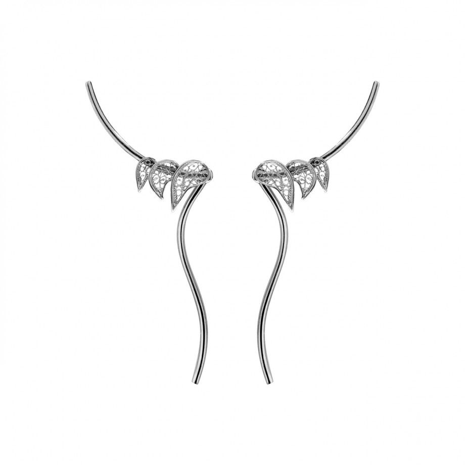 brincos filigrana portuguesa em prata com motivos de folhas e pequenos brilhantes design alongado Carmo Joalheiros