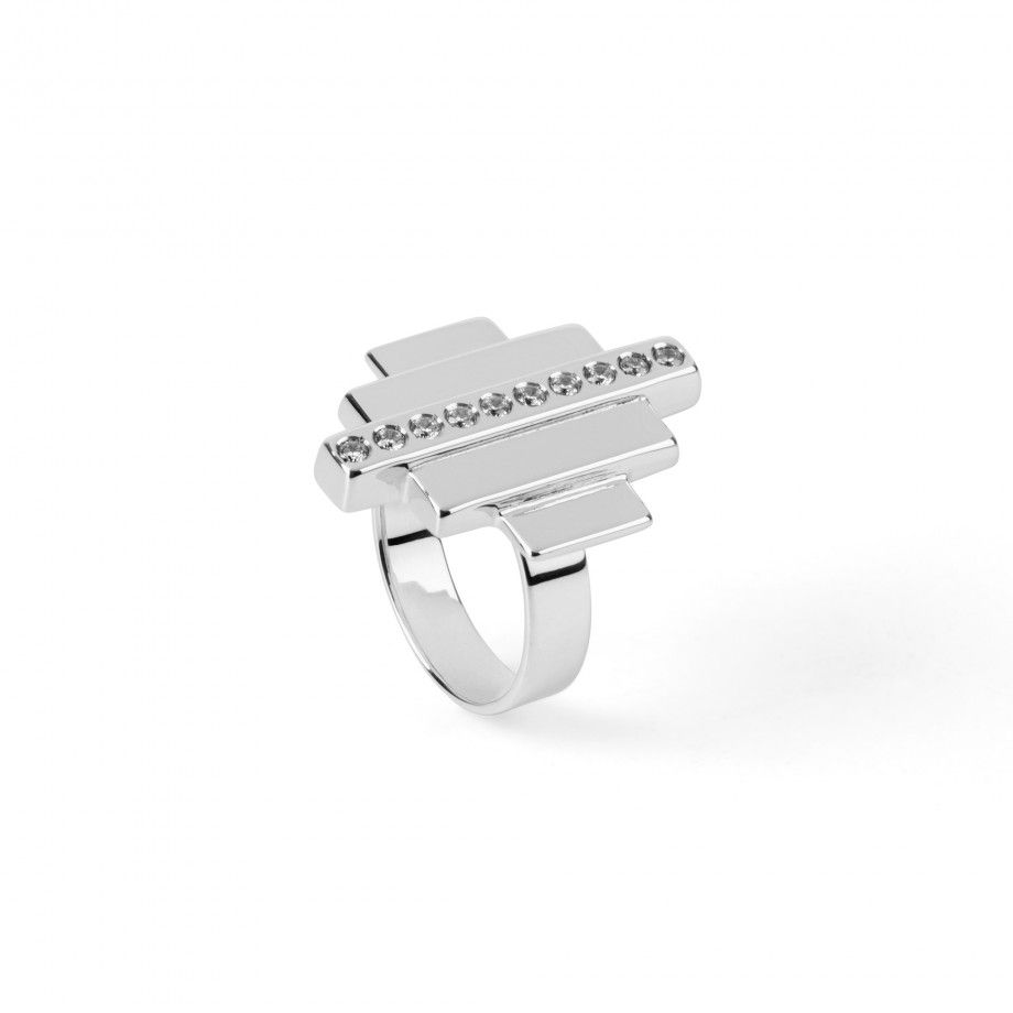 anel inca prata Topazio 1874 design geometrico em prata polida com fileira de cristais