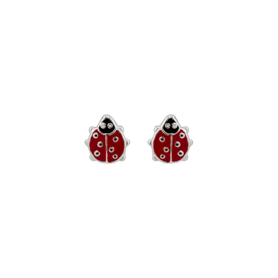 Brinco joaninha infantil prata com esmalte vermelho e pontos pretos fecho carrapeta para crianças Carmo Joalheiros