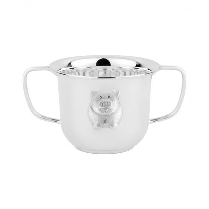 caneca porquinho prata Topázio 1874 com dois cabos acabamento prateado polido e aplique de porquinho para presente