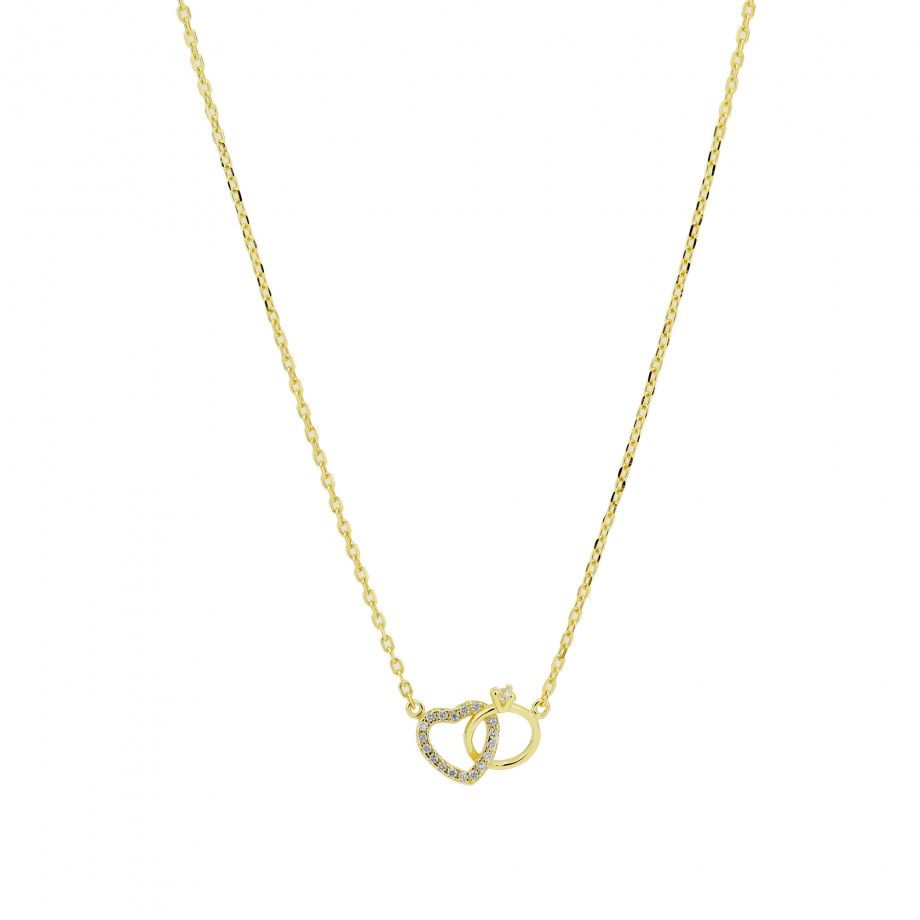 colar enlace feminino em ouro amarelo com corrente fina e pendente dois elos entrelaçados com zircónias