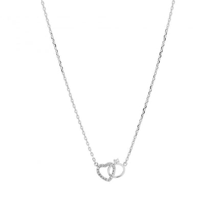 Carmo Joalheiros colar enlace feminino em prata com corrente fina pendente de coracao cravejado e aneis entrelacados
