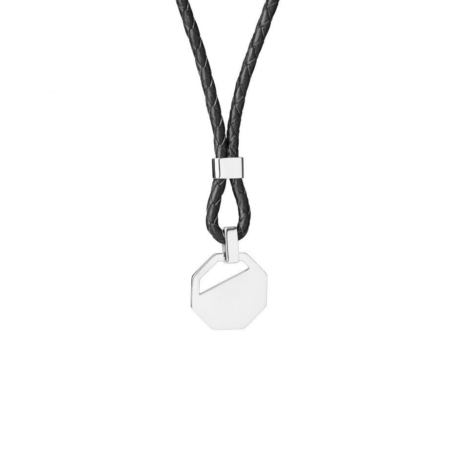 colar masculino prata Topazio 1874 com cordao de couro trancado preto e pingente octogonal em prata polida