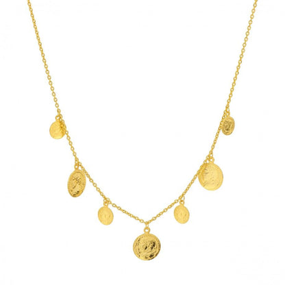colar moneda feminino Carmo Joalheiros em ouro com várias moedas pendentes e corrente fina para uso diário