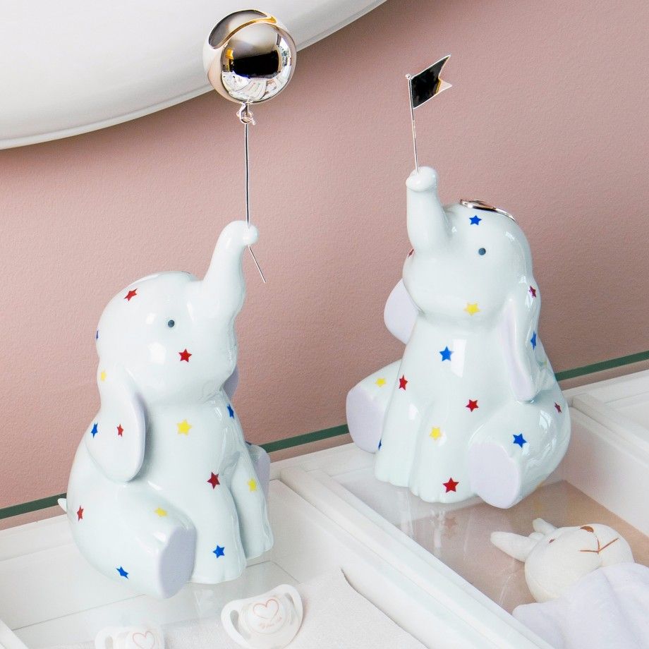 mealheiro elefante infantil ceramico branco com estrelas coloridas e balao metalico ideal para quarto de bebe Carmo Joalheiros