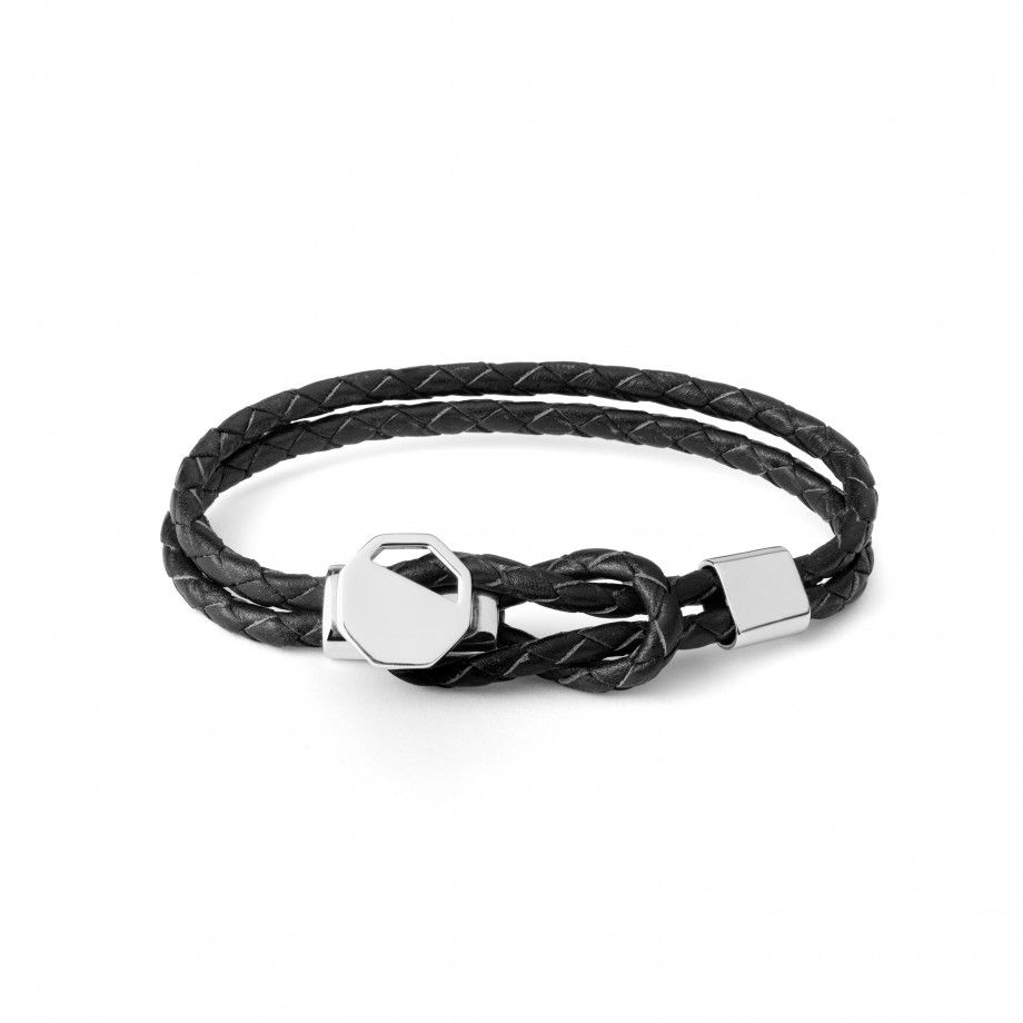 pulseira prata masculina Topázio 1874 couro preto trançado dupla volta com fecho hexagonal em prata polida
