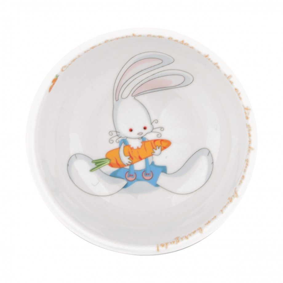 taça de porcelana coelhinho da Topázio 1874 tigela infantil branca com ilustração de coelho segurando cenoura