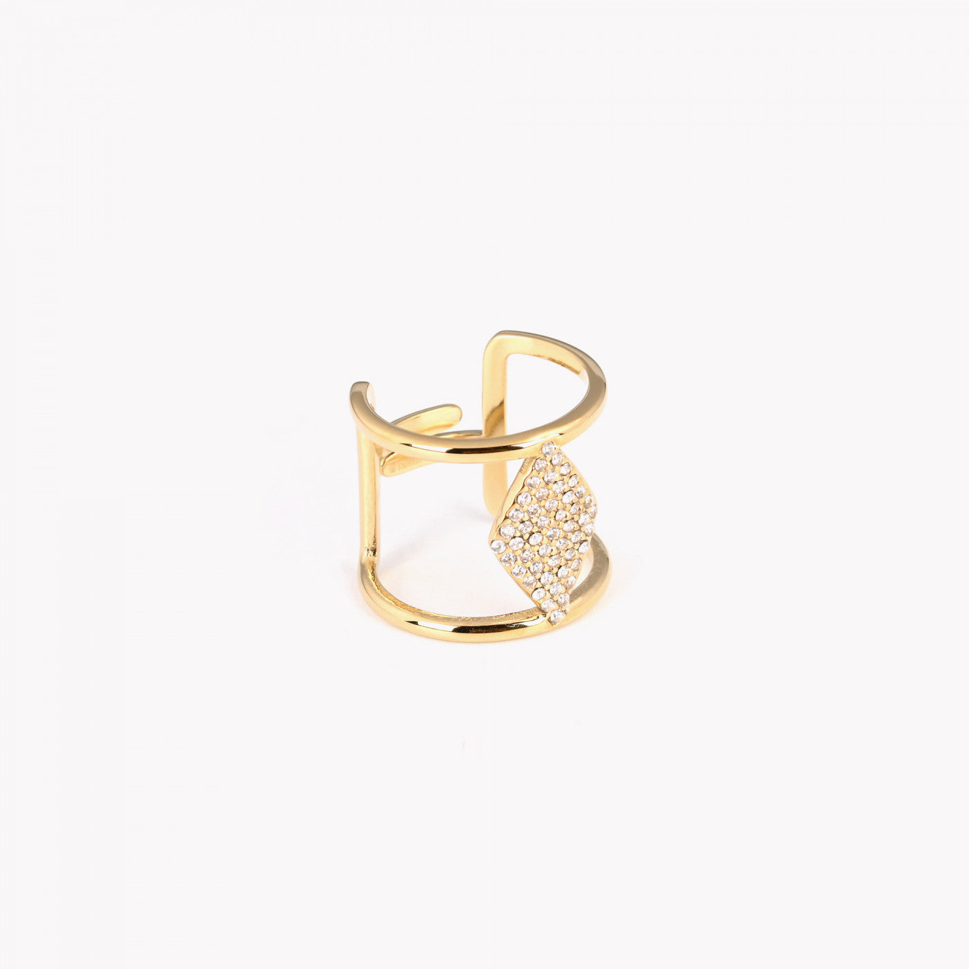 anel ajustável aço feminino dourado com zircônias em pavê e design duplo Carmo Joalheiros