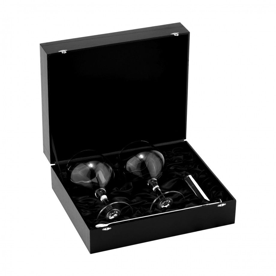 Carmo Joalheiros conjunto de gin premium em caixa preta com duas taças balón e pinça
