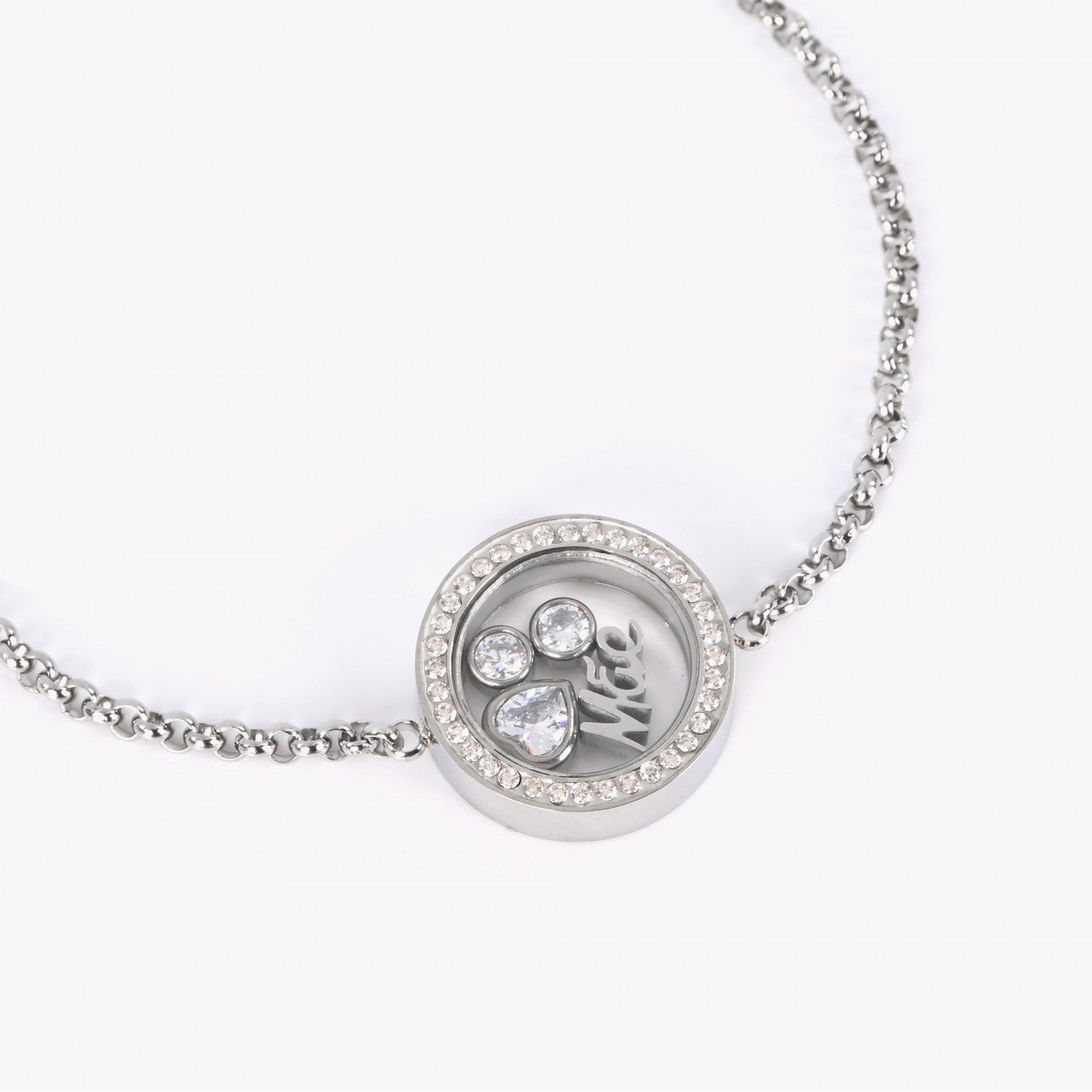 Colar Carmo Joalheiros pendente redondo em aço inox com cristais interior com pata em cristais e placa Mãe pulseira mãe aço inox