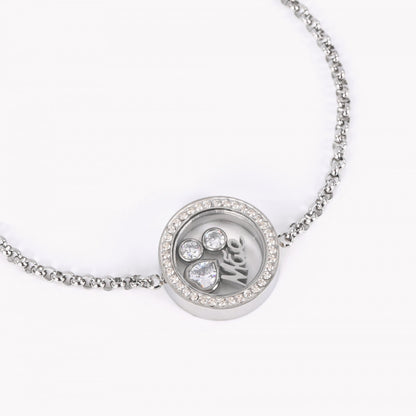 Colar Carmo Joalheiros pendente redondo em aço inox com cristais interior com pata em cristais e placa Mãe pulseira mãe aço inox