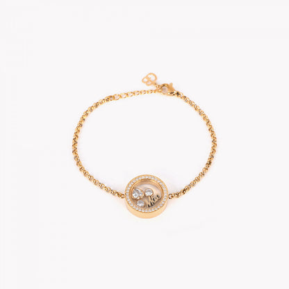 pulseira mãe aço inox Carmo Joalheiros corrente dourada pingente redondo com cristais e medalha Mom