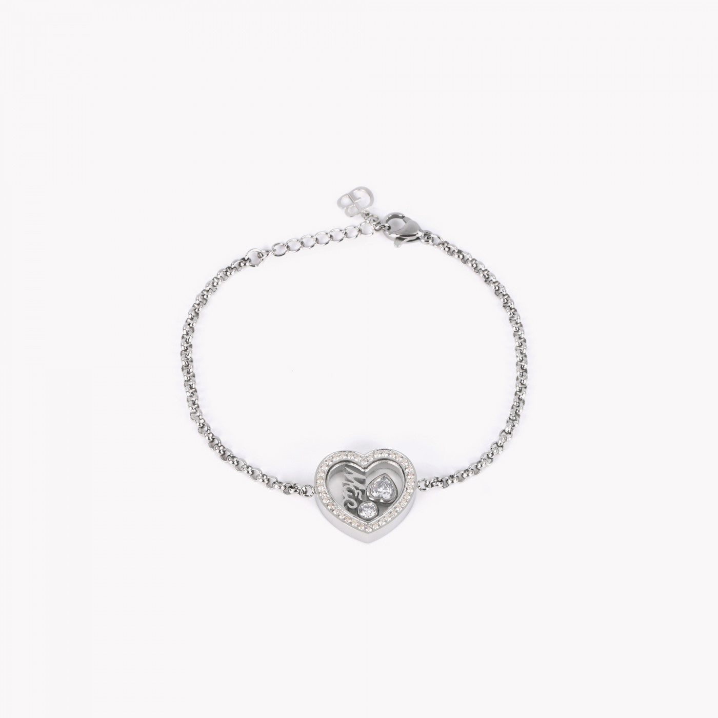 Pulseira de aço mãe Carmo Joalheiros com corrente delicada e pingente coração com cristais