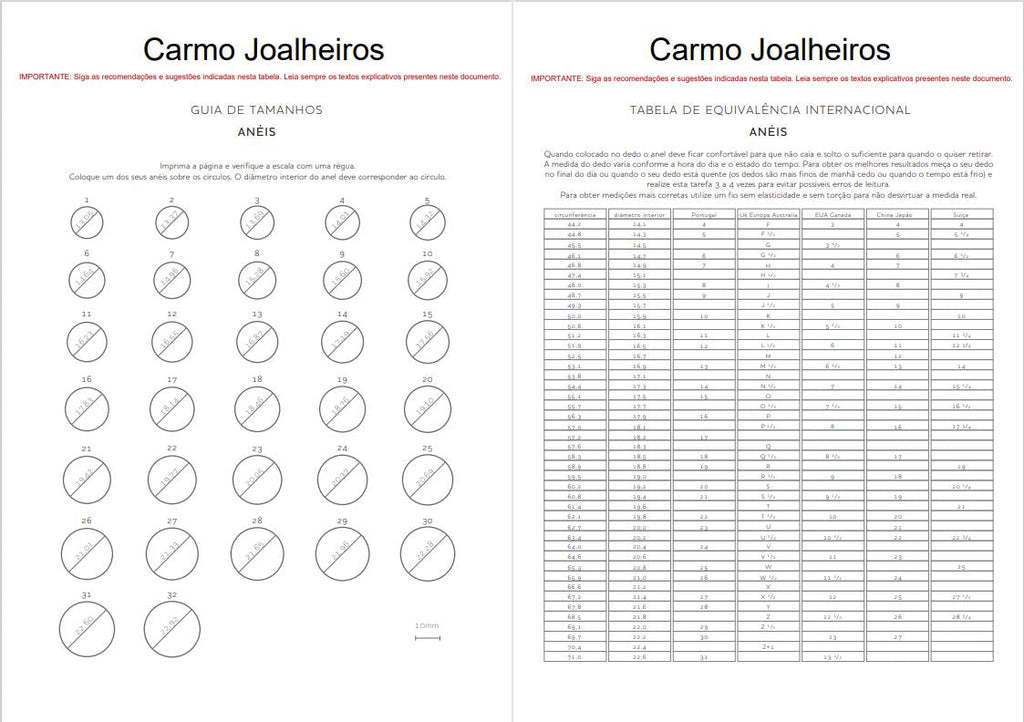 Carmo Joalheiros guia de tamanhos e tabela de equivalencia internacional de aneis com anel rivière feminino destacado
