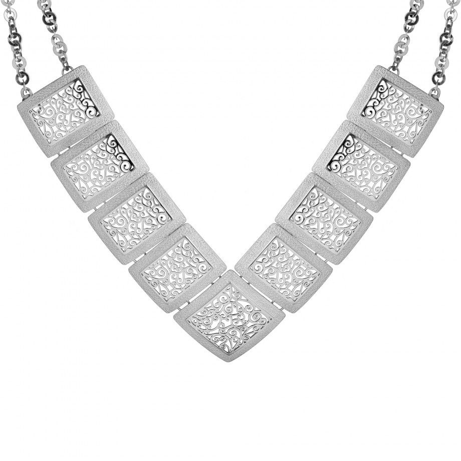 colar hedra feminino Carmo Joalheiros colar em prata com nove placas quadradas trabalhadas em filigrana em V