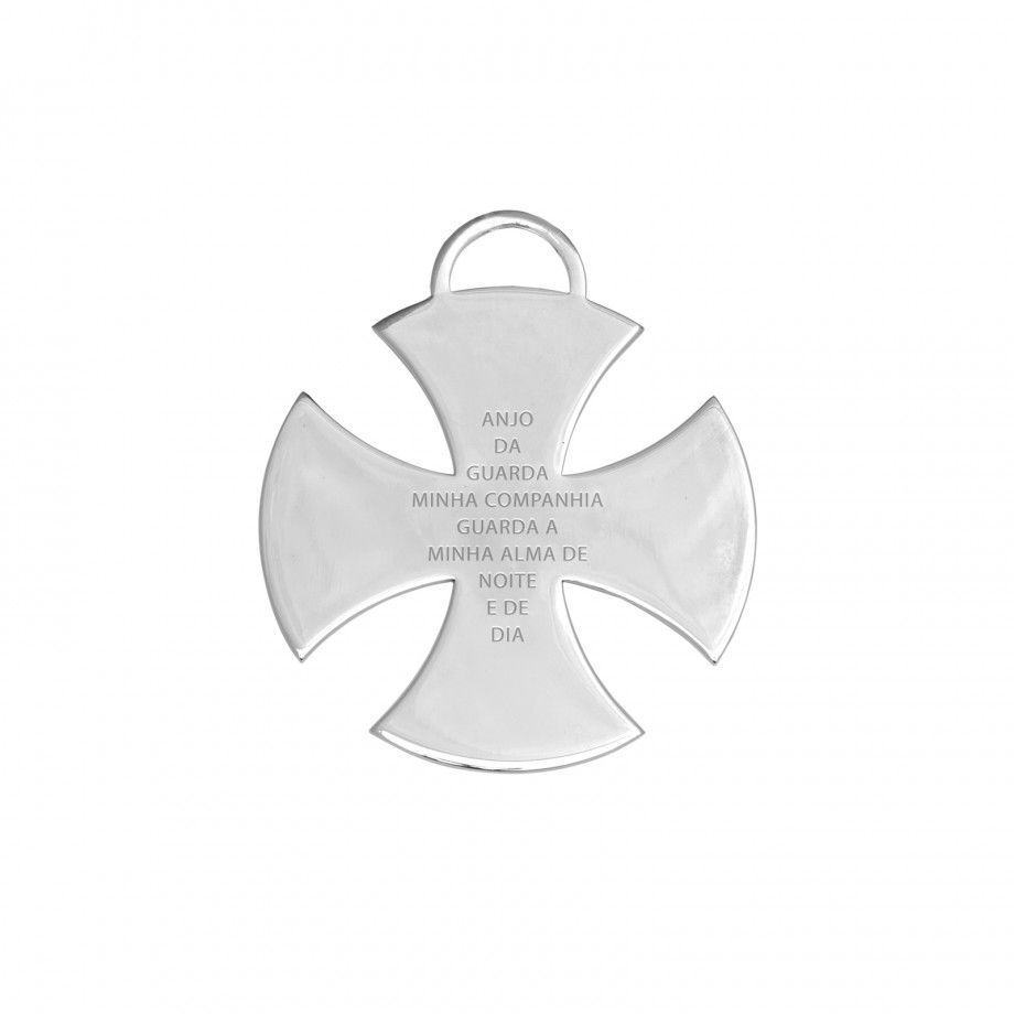 Pingente de prata Topázio 1874 cruz de malta com oração gravada Anjo da Guarda texto central