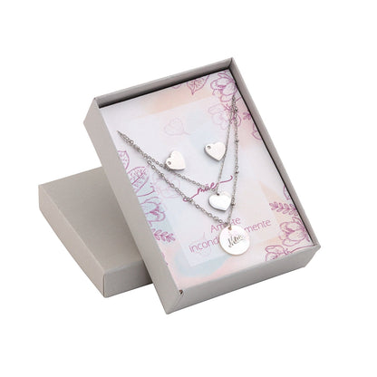 conjunto mãe aço em estojo cinza com colar duplo de corações e pendente gravado ideal presente mãe