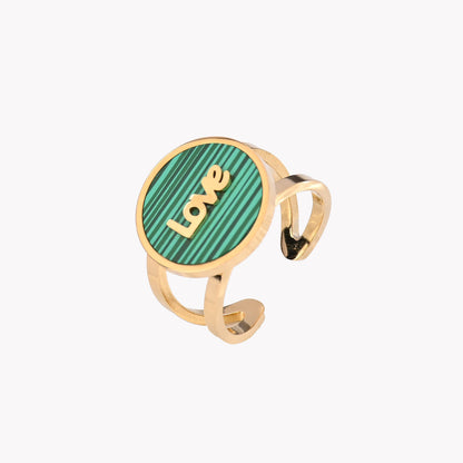 Anel em aço love pedra malaquite - Terra de Estrelas