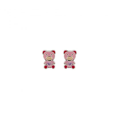 brincos de ursinho infantil em prata com esmalte rosa e coracao roxo par da Carmo Joalheiros