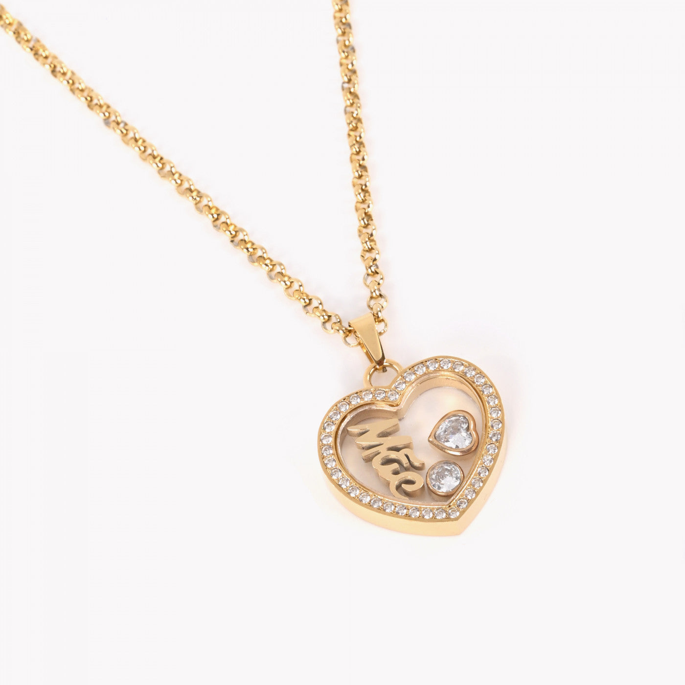 colar de aço para mãe Carmo Joalheiros colar dourado com pingente coração com gravação Mãe e zircônias