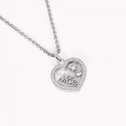 colar de aço para mãe Carmo Joalheiros pingente coração em aço inox com cristais e escrita Mãe