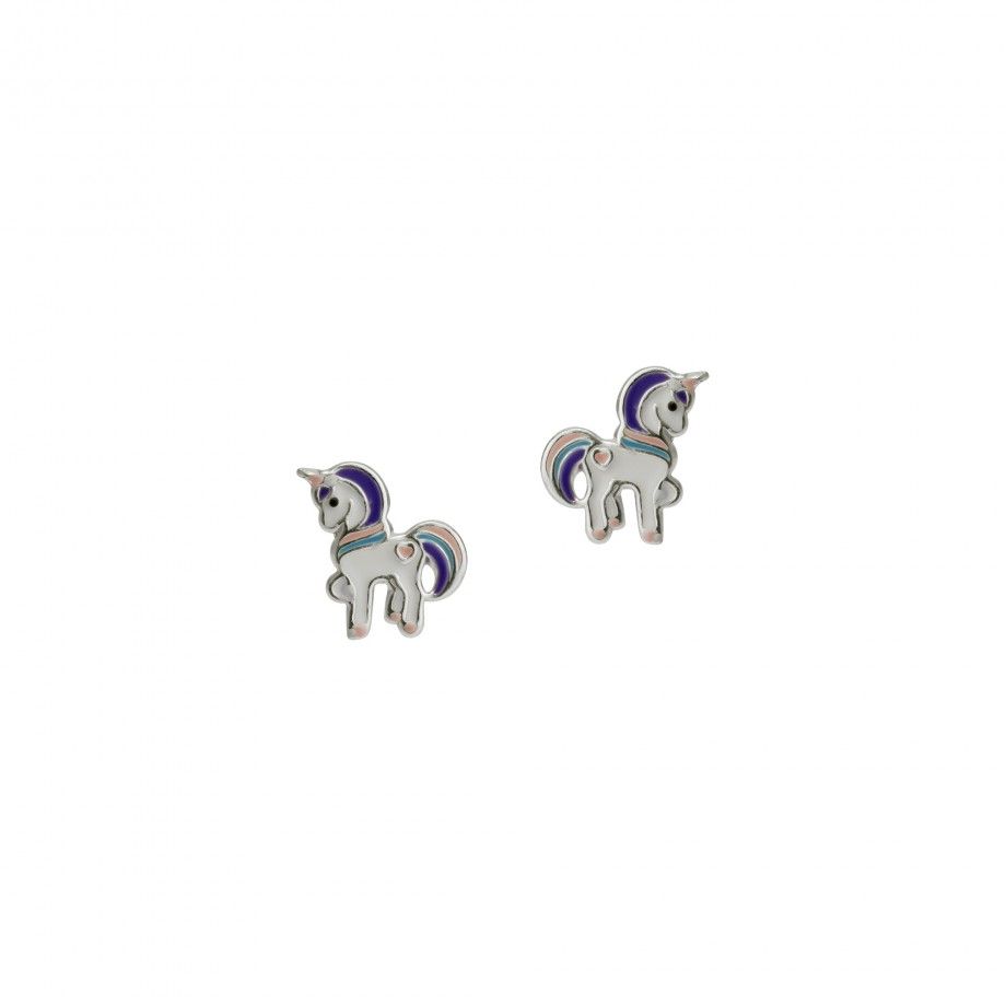 brincos de unicórnio infantil em prata e esmalte multicolor com detalhes roxo e rosa pequeno par da Carmo Joalheiros