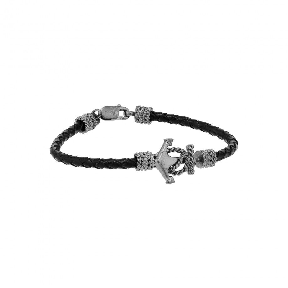 pulseira âncora masculina prata em couro trançado preto com fecho e detalhes em prata Topázio 1874