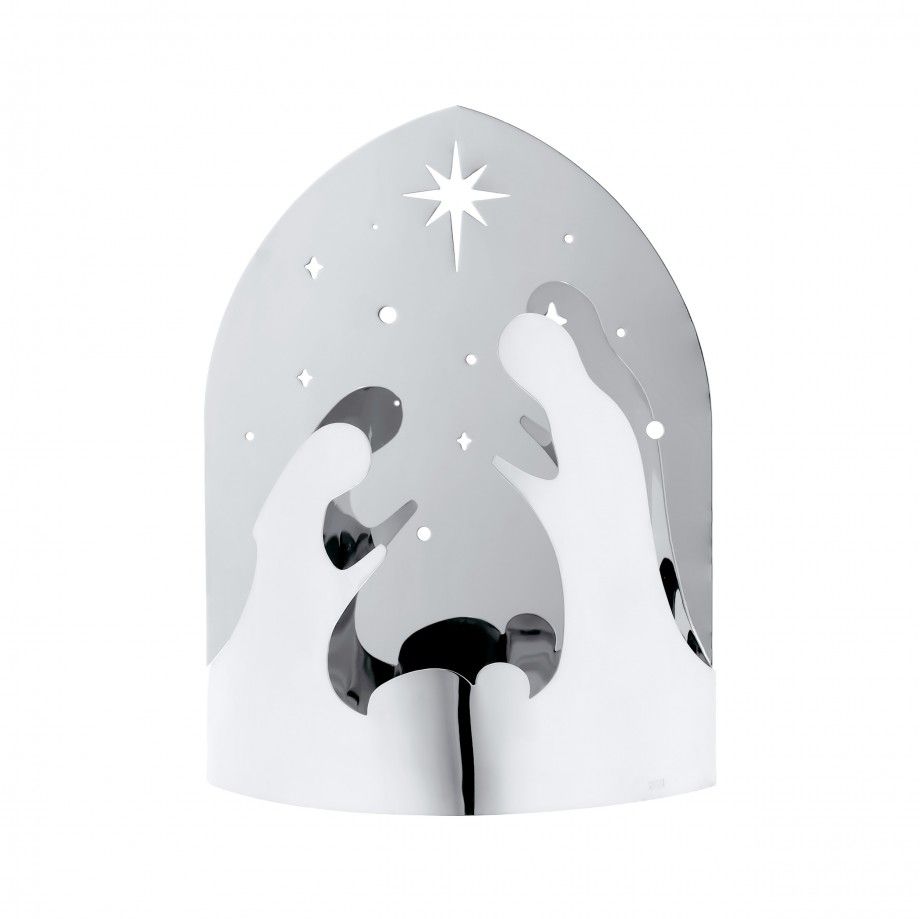 presépio decorativo Galileia em metal prateado com silhuetas minimalistas de Maria José e o Menino