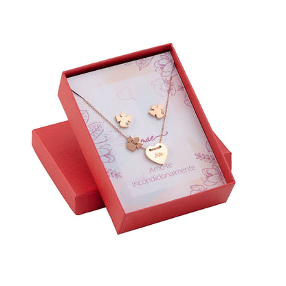 conjunto mãe aço Carmo Joalheiros colar em aço rosé com pingentes de coração e flores em caixa vermelha