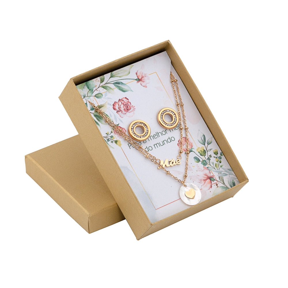 conjunto mãe em aço Carmo Joalheiros colar com pingente mãe e coração e brincos redondos em estojo
