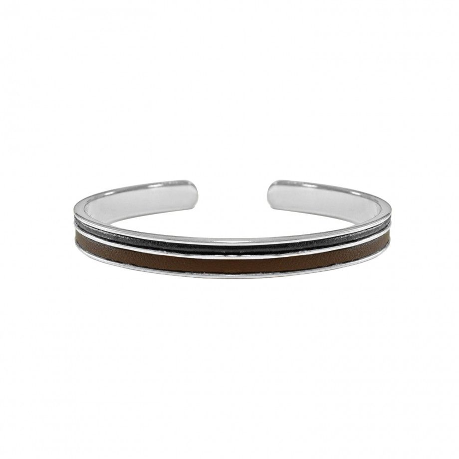 pulseira masculina prata com acabamento polido e faixa de couro marrom bracelete aberto Topazio 1874