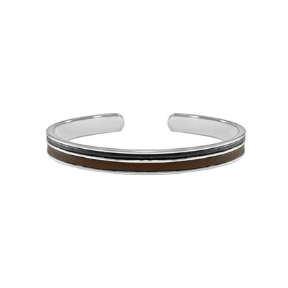 pulseira masculina prata com acabamento polido e faixa de couro marrom bracelete aberto Topazio 1874