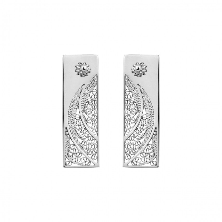 brincos filigrana portuguesa retangulares em prata com padrao semicircular e flor Carmo Joalheiros