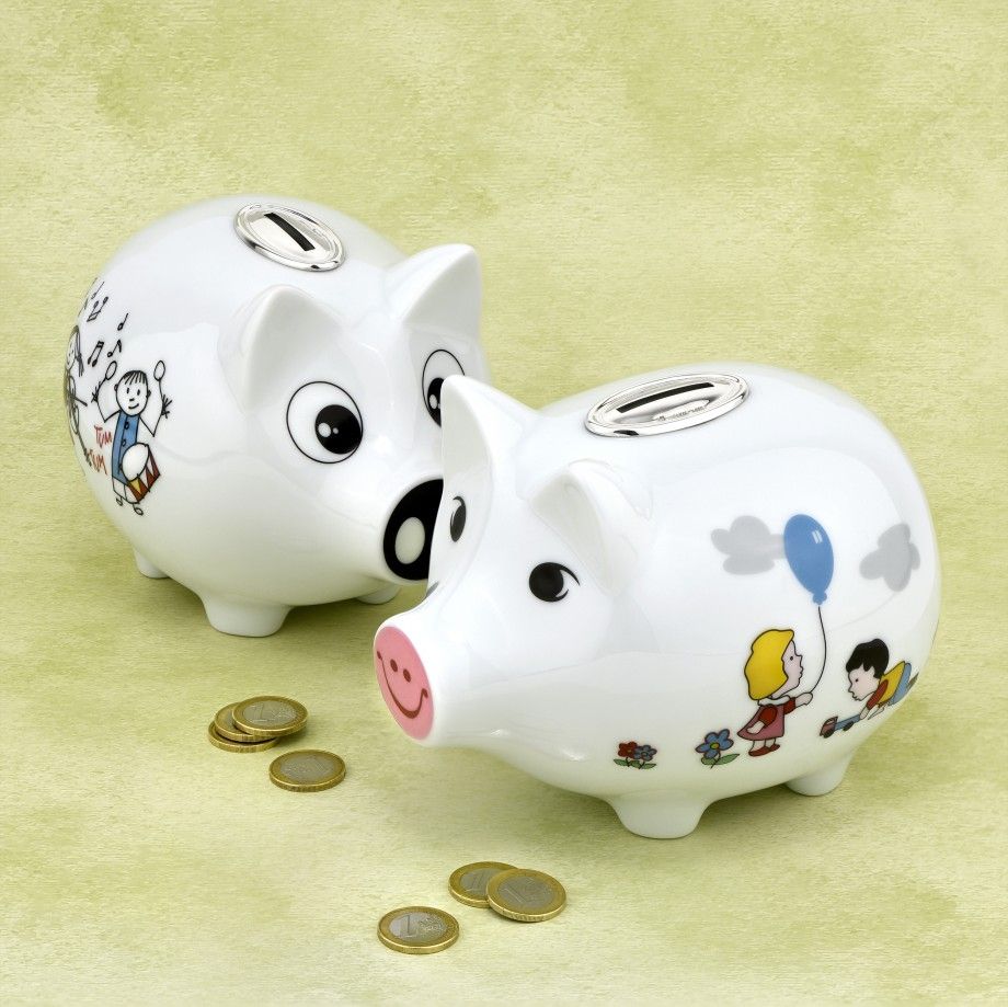 mealheiro porquinho músicos Topázio em cerâmica branca com ilustrações infantis de crianças e moedas ao lado