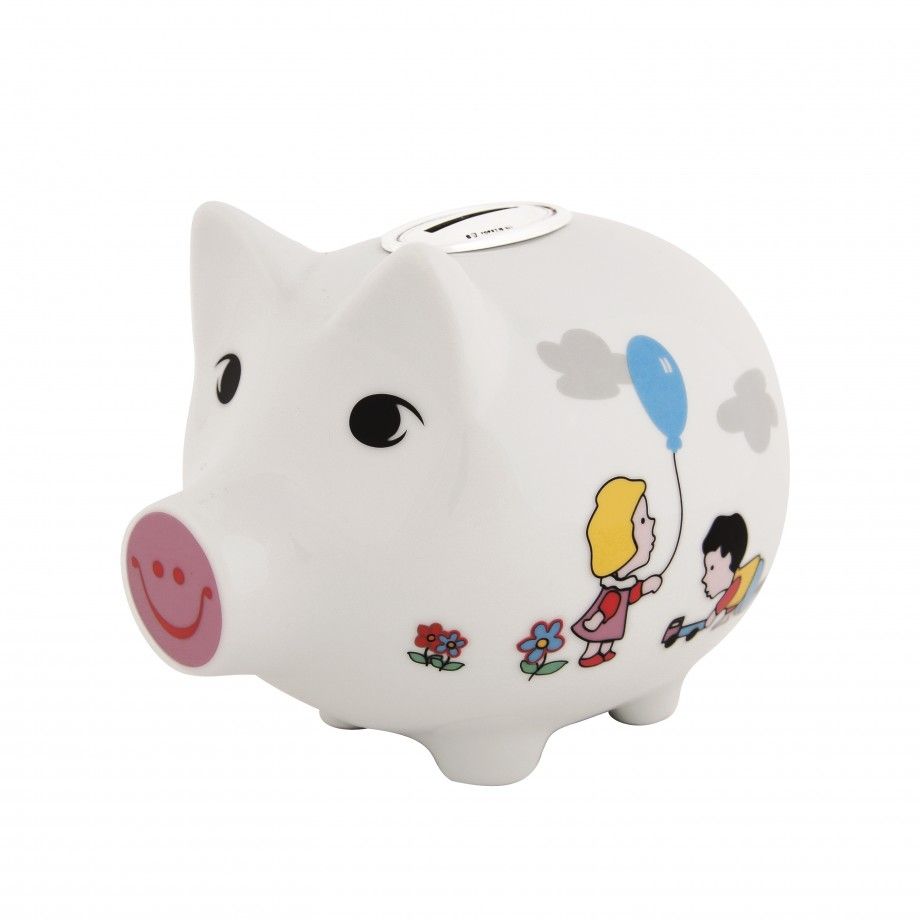 mealheiro porquinho músicos Topázio cofre cerâmico branco com ilustração de crianças flores e balão