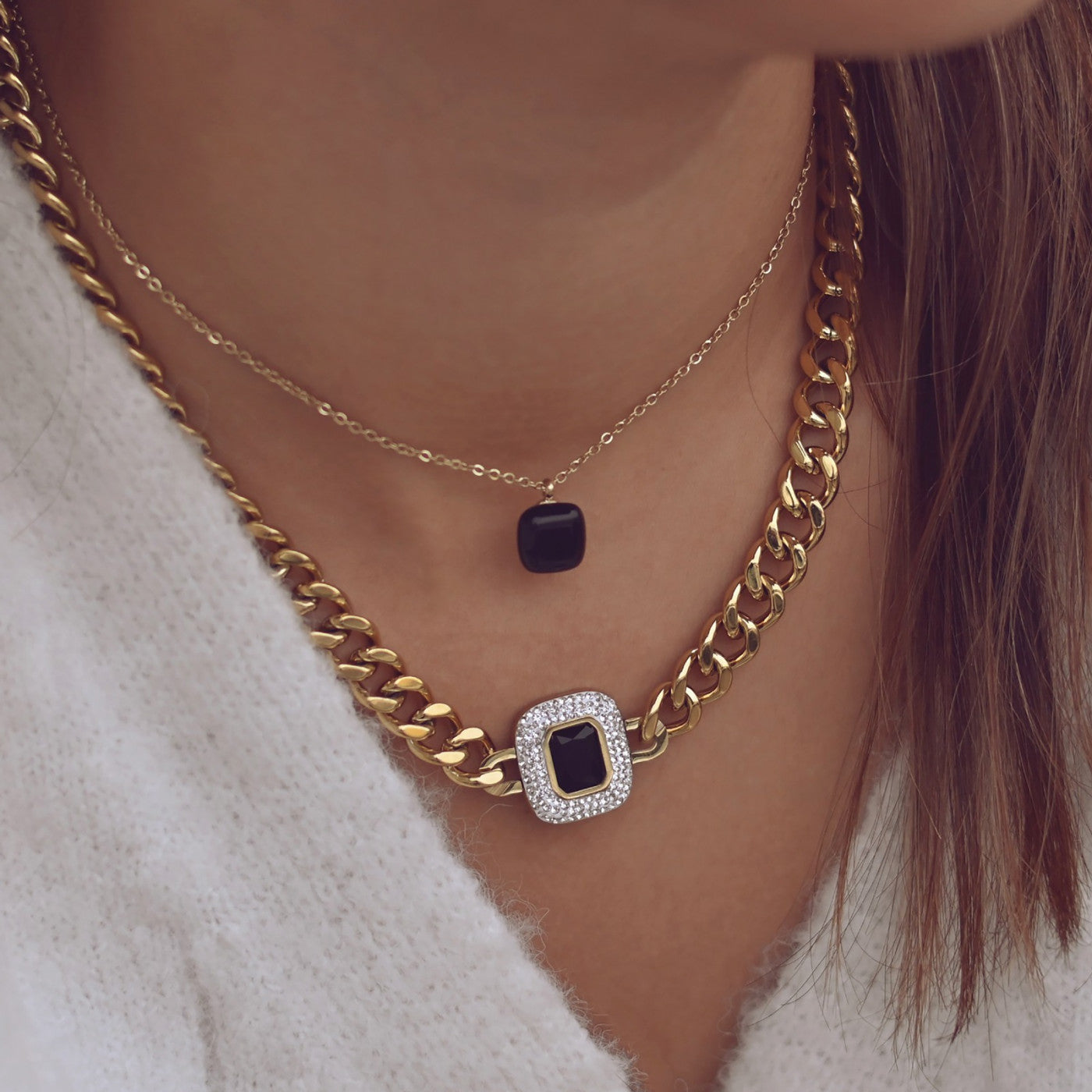 Thick square steel necklace with diamonds