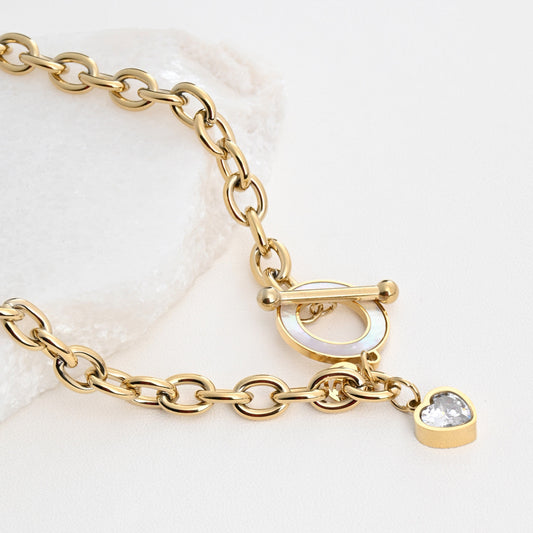 Mother-of-pearl and heart link steel necklace