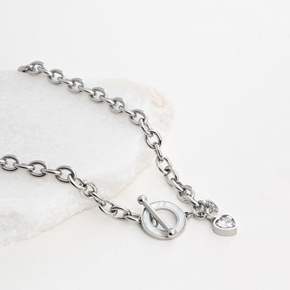 Mother-of-pearl and heart link steel necklace